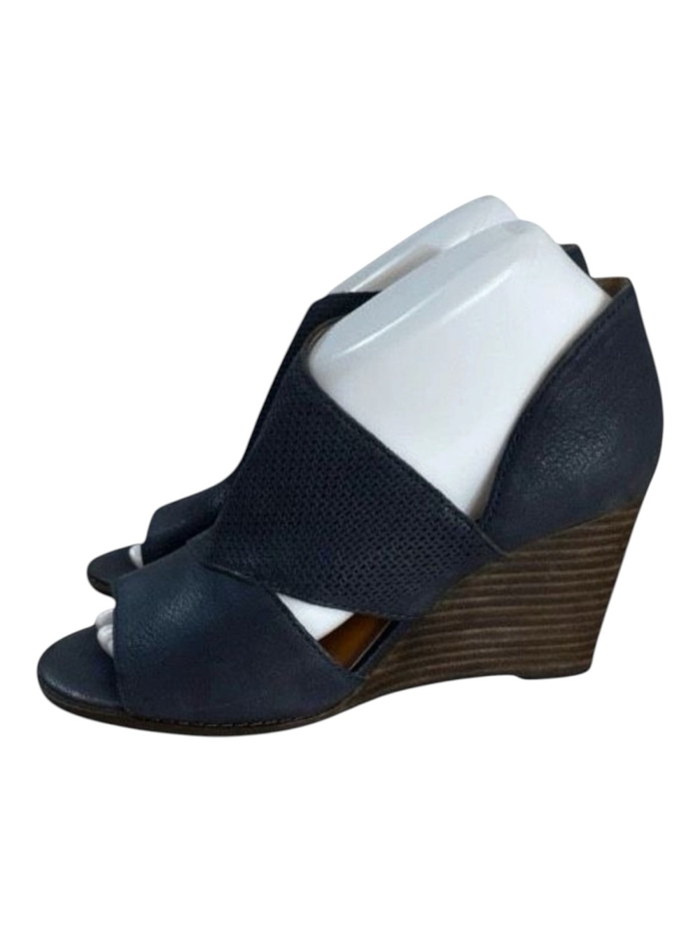 Lucky Brand Jedrek Womens Wedge Size 7.5 Blue Leather Open Toe Slip On Pump Heel